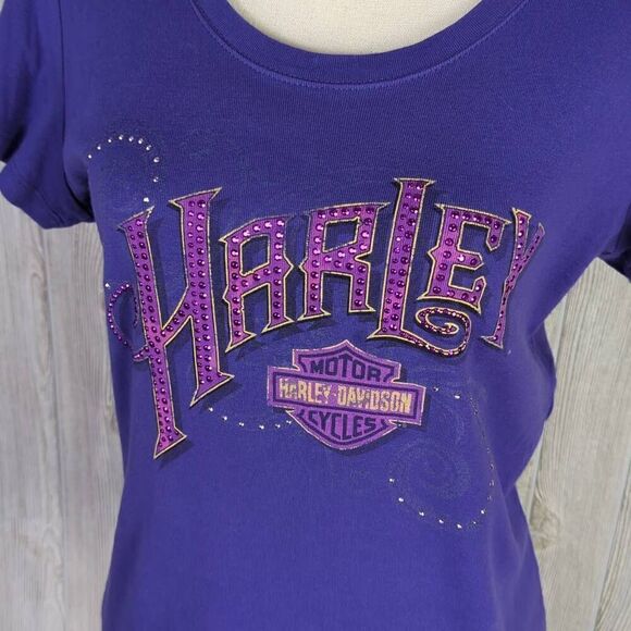 Vintage Harley Davidson Women’s Small Purple Pink Embellished Shirt Short Sleeve - Picture 2 of 7